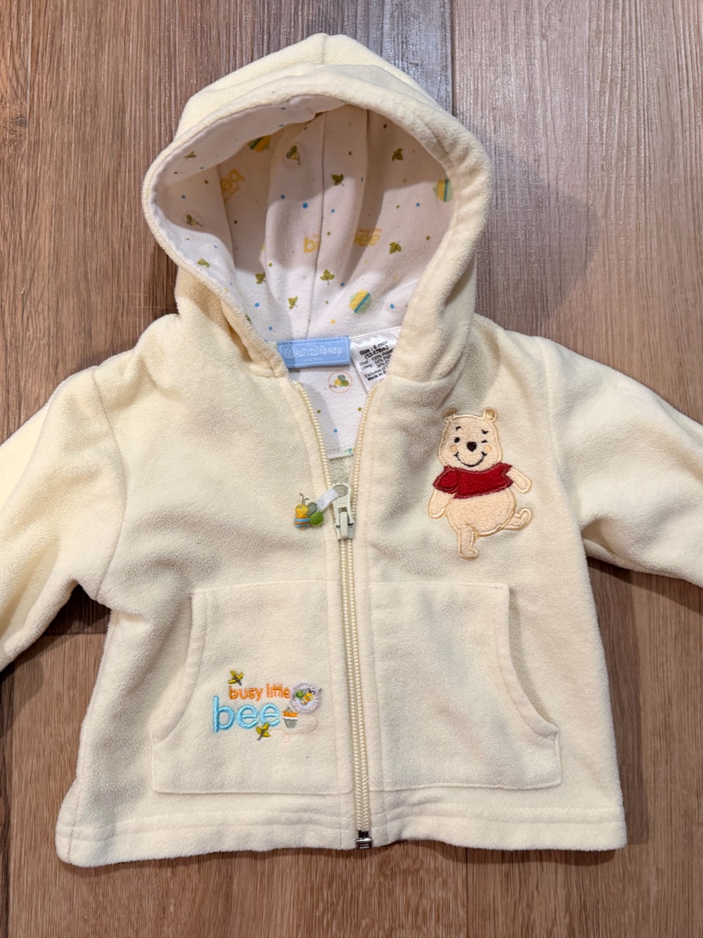 VTG Disney Baby Winnie the Pooh Fleece Hoodie Jacket Yellow Zip Size 6M Y2K